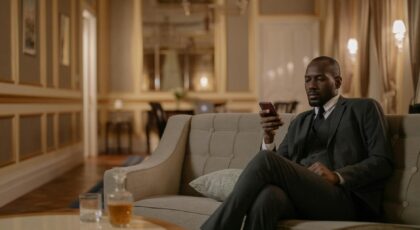 Elegant businessman using smartphone while relaxing in hotel lounge with whiskey on the table.