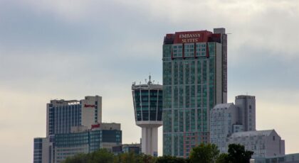 Stunning view of Niagara Falls hotels against the evening sky.