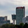Stunning view of Niagara Falls hotels against the evening sky.
