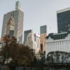 View of New York City's skyscrapers from Central Park with autumn foliage.