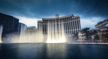 Capturing the breathtaking Bellagio Fountain against the iconic Las Vegas skyline at twilight.
