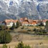 Scenic view of a hotel nestled in the mountains of Patagonia, Argentina.